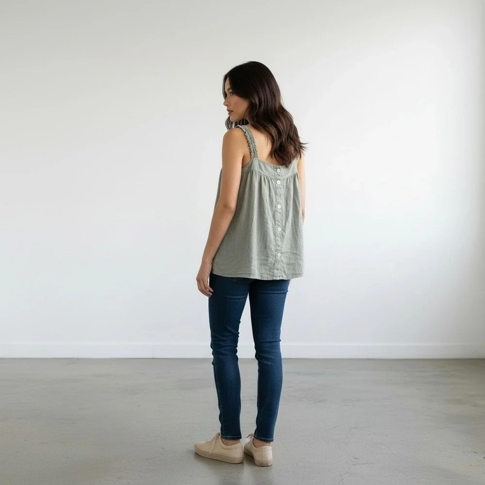 Cynthia Rowley 100% Linen Tank Top Olive Green Ruffle Strap Button Back Medium - Picture 4 of 10